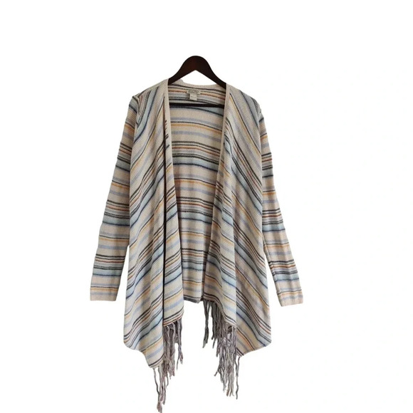 Lucky Brand Striped Boho Open Cardigan Multicolor Hem Fringed Long Sleeve Size L - Picture 1 of 6